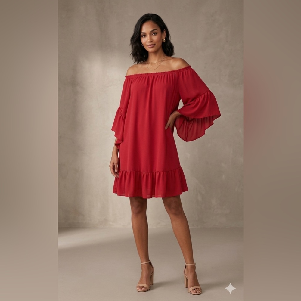 White House Black Market Red Off-The-Shoulder Ruffle Sleeve Dress Size M - Picture 2 of 11